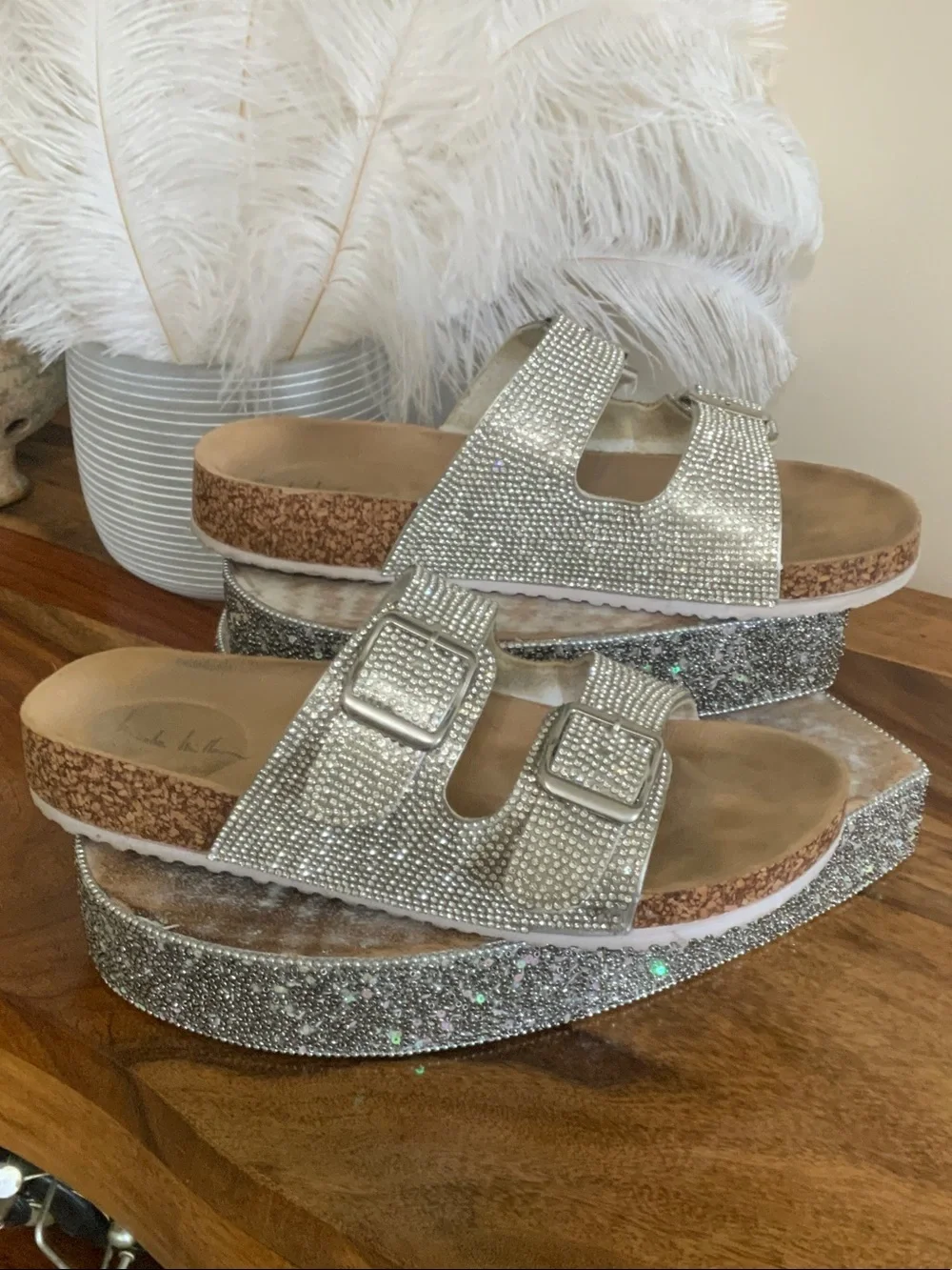 Nicole Miller Silver Crystal Embellished Cork Platform Sandals